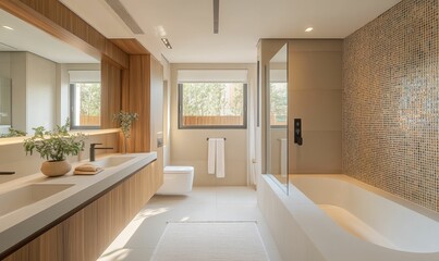 Modern bathroom: wood, tile, bathtub, sinks.