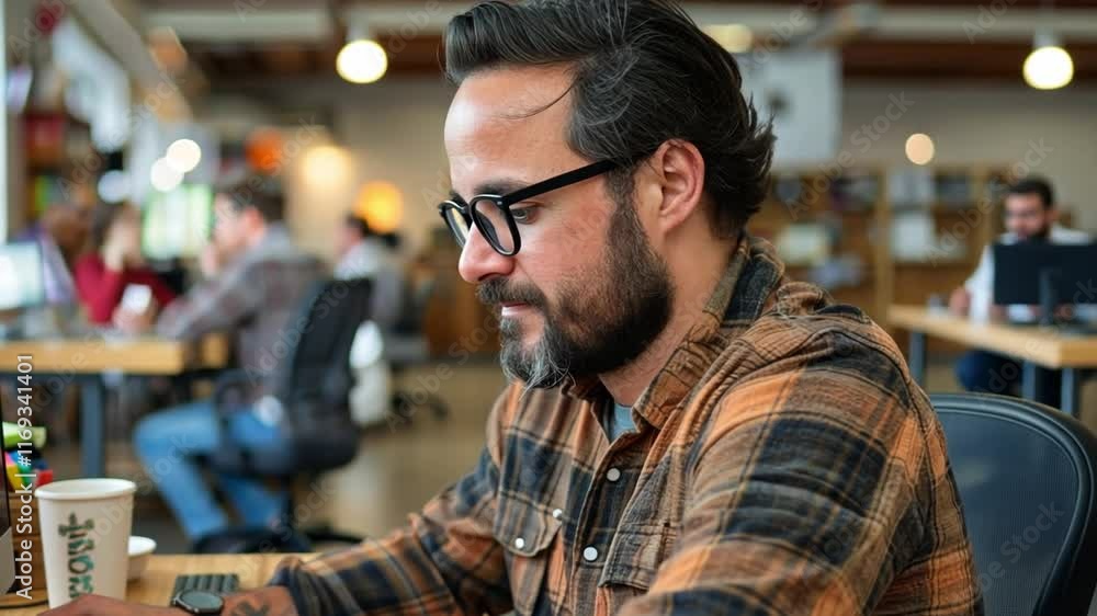 Poster A man with a beard and glasses is engaged in work at a computer in a busy coworking space. The environment features wooden tables and a comfortable, creative atmosphere.