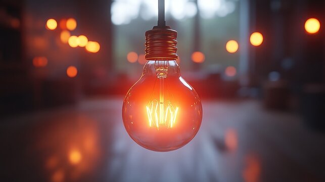 Glowing vintage light bulb in dark room.
