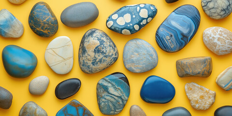 Colorful stones on a bright yellow background for nature and decoration themes