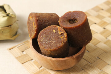 Sweet Palm Sugar Cubes in Wooden Bowl