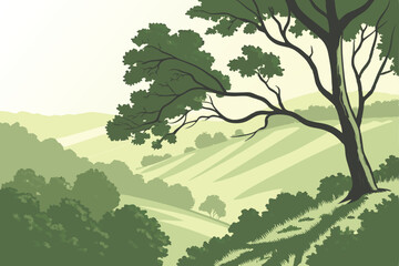 Aerial shot of a lush green forest with sunlight peeking through, isolated on white background