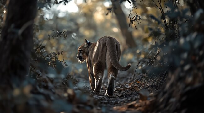 Un puma am&eacute;ricain marchant dans la nature, for&ecirc;t, arbre et herbes hautes, vue de dos, image avec espace pour texte.