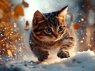 Playful tabby cat exploring a magical winter setting fluffy feline chasing snowflakes with gleeful abandon pristine white snow covering the ground in a tranquil scene