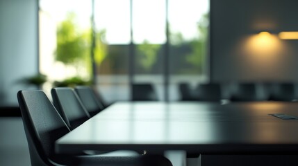 Modern conference room interior featuring sleek minimalist design with glass walls, ergonomic office chairs, large wooden table, and ambient natural light for corporate meetings and professional works