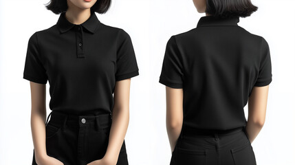 polo shirt mock up photo,  asian girl wearing black blank polo shirt , front and back mockup, isolated on a solid white background
