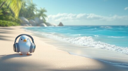 Cute Bird with Headphones on Tropical Beach: Quirky Summer Vibes