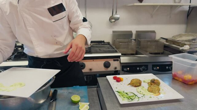 Plating Of A Raw And Cooked Fish Based Appetizer In A Luxury Italian Kitchen