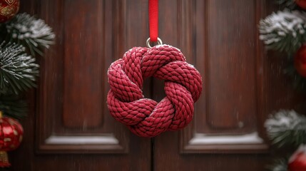 A beautiful red braided rope wreath adorned with snow hangs on a wooden door, surrounded by festive decorations, symbolizing warmth, tradition, and celebration during the winter season.