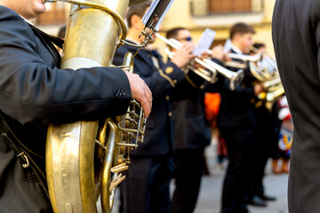 Band musicians with their instruments on the street. Typical music bands in Spain.