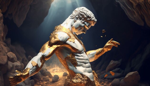 a greek man sculpture made of white marble and gold in the mountains