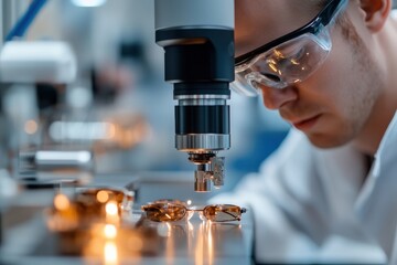 A diligent professional wearing safety glasses inspects eyeglass frames under advanced machinery, highlighting attention to detail and quality assurance in eyewear manufacturing.