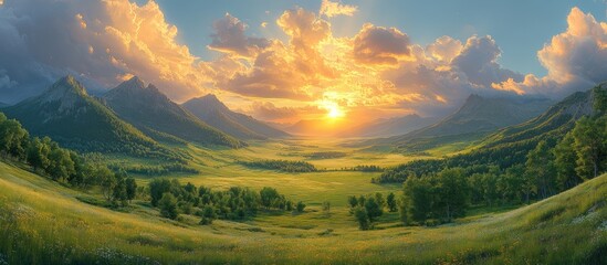 Majestic sunset over a tranquil valley nestled in a mountain range.