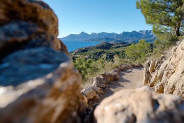 Obraz premium A picturesque coastal pathway framed by rocky formations and lush greenery, offering stunning views of the sea and mountains, inviting exploration and tranquility in nature.