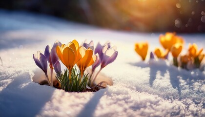 Spring begins on the top of the snowy mountains and the flowers are waking up
