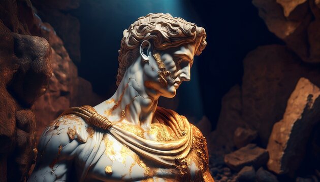 a greek man sculpture made of white marble and gold in the mountains