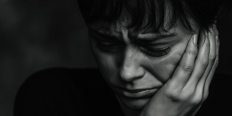 Obraz premium A woman appears lost in deep thought, showcasing the heavy burden of emotional weight and sadness.