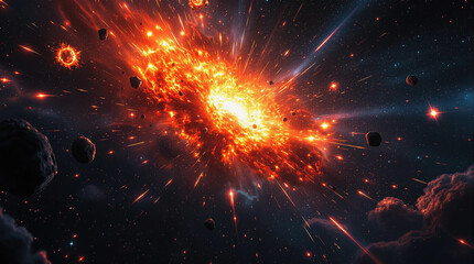 Fototapeta premium Exploding Starfield: Fiery Supernova Core and Cosmic Debris | Space, Galaxy, and Universe Wallpaper Background