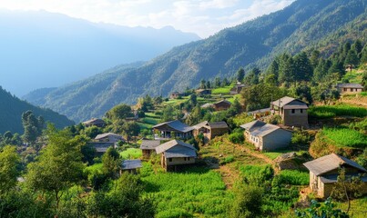 Obraz premium Mountain village homes nestled in green hillside.
