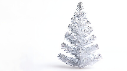 Fototapeta premium A silver tinsel Christmas tree stands on white