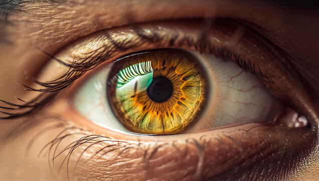 The Eye of Insight: A close-up of a human eye, featuring a captivating hazel iris and a mesmerizing reflection in the pupil.