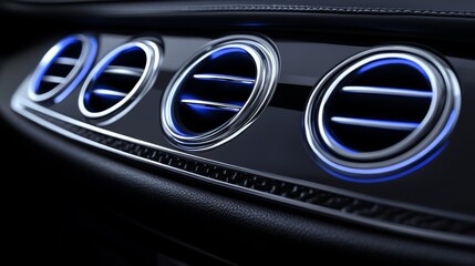 Close-up of a modern car dashboard featuring sleek air vents with blue LED lighting