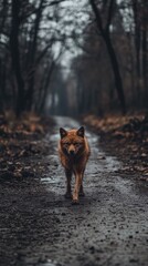 Naklejka premium Solitary Dog Walking Along a Mysterious Forest Path in Moody Weather