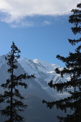 A stunning view of Mont Blanc, the highest peak in the Alps, as seen from Chamonix. The majestic mountain is covered in snow, standing tall in a clear winter landscape. Perfect for themes of adventure