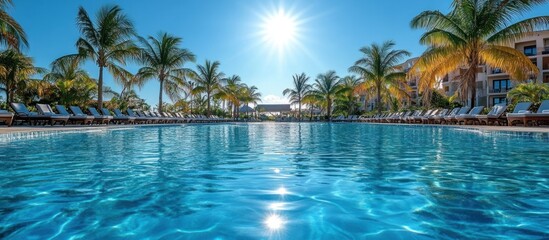 Obraz premium Sparkling pool with palm trees and sun loungers.
