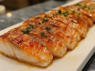 Food photography. Pieces of fried fish with herbs in cafe or restaurant.