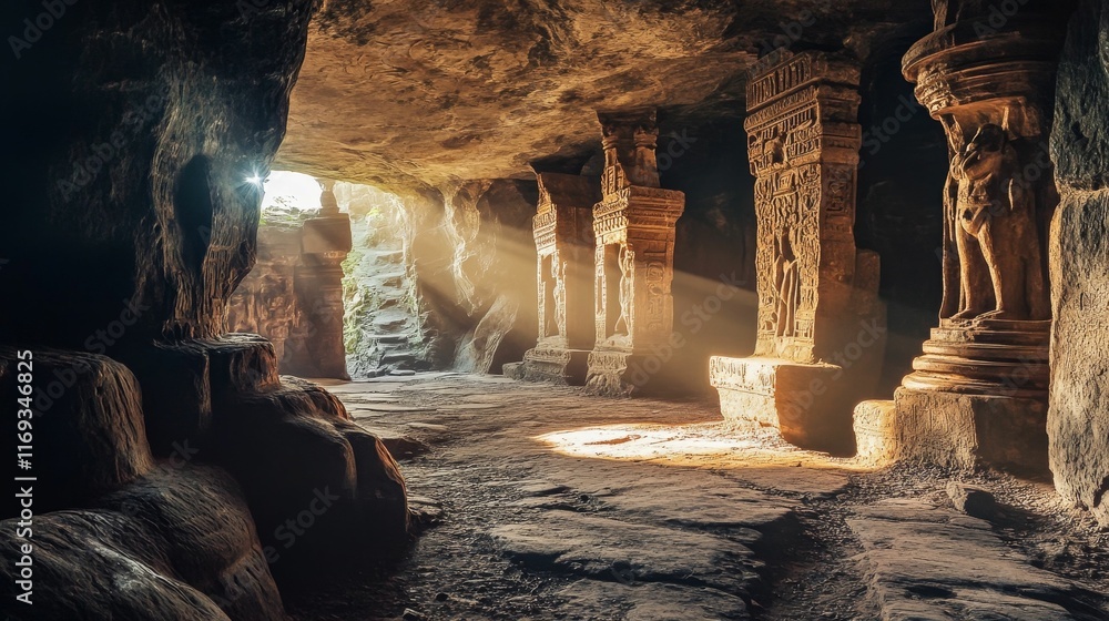 Poster Sunlit stone carvings in ancient cave.