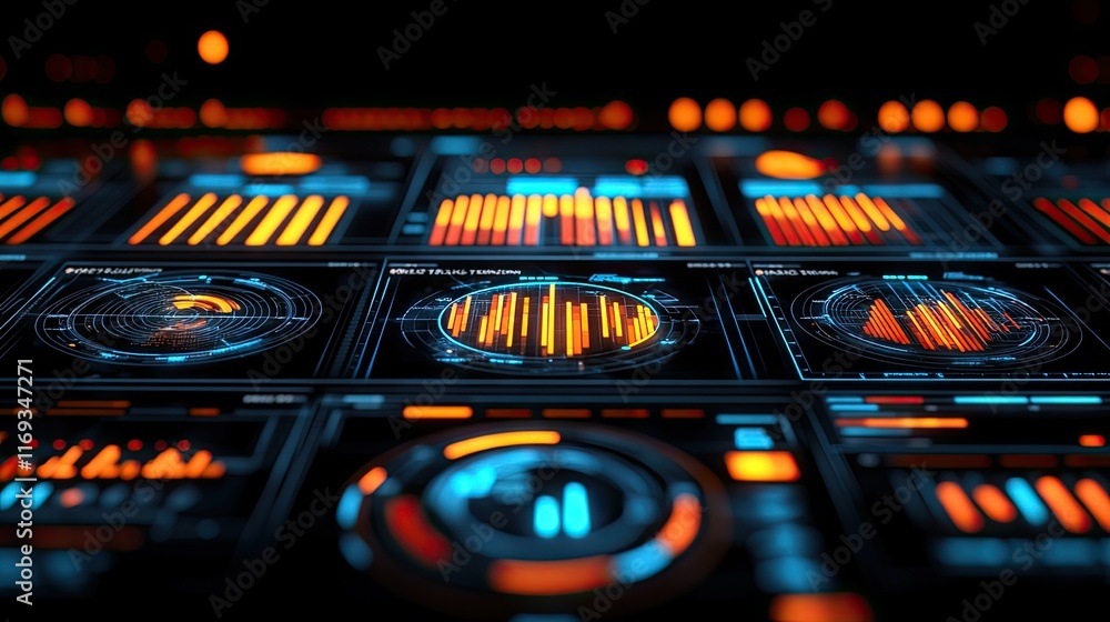 Poster futuristic glowing hud interface with orange and blue digital graphs and charts. ideal for technolog