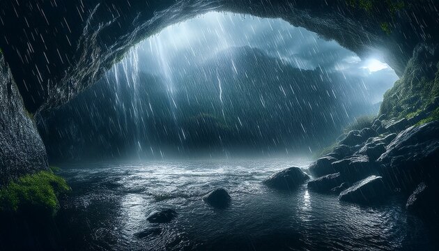 heavy rain in a mountain cave