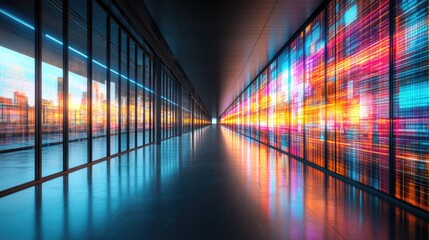 A futuristic corridor with vibrant data streams on one side and a cityscape view on the other. Ideal for technology or data-driven presentations.