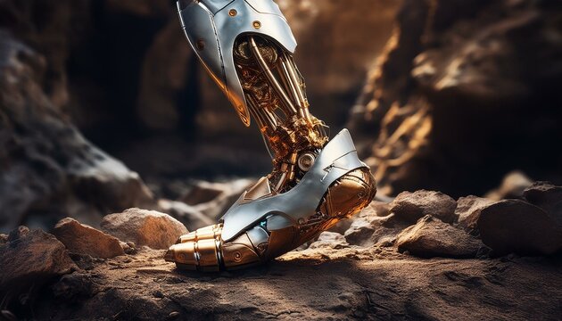 a robot foot in the mountains, white and gold metals