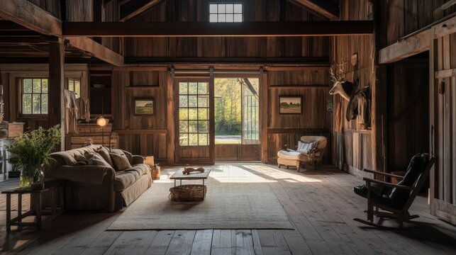 Rustic barn interior, sunlight, furniture, wooden floor.