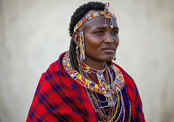 Portrait of a Maasai individual adorned in traditional attire showcasing cultural heritage in a rural setting