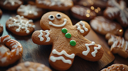Holiday-themed gingerbread cookies display with festive decorations and cheerful designs