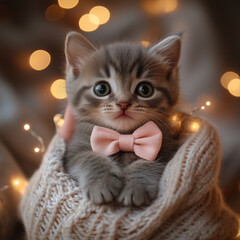 Cute kitten with a pink bow tie snuggled in a cozy sweater among soft glowing lights