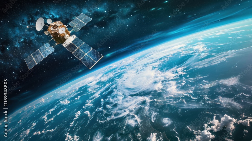 Poster telecommunication satellite providing global internet network and high speed data communication abov