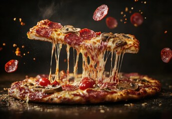 Deliciously Melting Pepperoni and Mushroom Pizza with Stretchy Cheese, Fresh Tomatoes, and Sprinkles of Spice, Captured in a Dramatic Culinary Setting