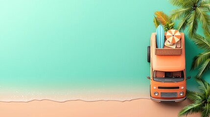 A colorful van parked on a beach with surfboards and an umbrella, suggesting a vacation vibe.