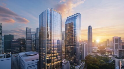 Fototapeta premium Golden Hour Skyscrapers: A Stunning Cityscape at Sunset