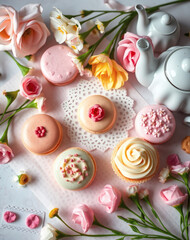 Delicate pastries and blossoms create a charming afternoon tea setting