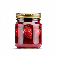 Fresh Strawberry Jam in Glass Jar with Golden Lid and Strawberries