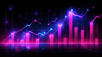 Neon pink and blue stock market chart on a dark grid background. Ideal for presentations, websites, or social media related to finance, trading, or investment.