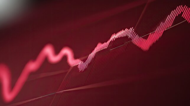 A vibrant red line graph fluctuates against a dark background. Ideal for visualizing data trends, financial markets, or dynamic processes. - Powered by Adobe