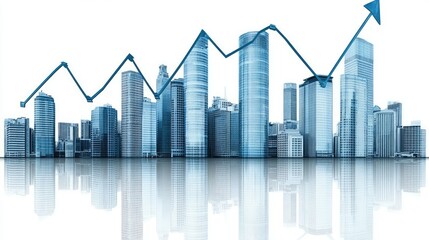 Obraz premium Modern cityscape with upward trending arrow symbolizing growth and prosperity. Ideal for business presentations real estate marketing or financial reports.