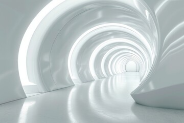 Obraz premium Modern Minimalist Interior with Concentric White Illuminated Arches and Reflective Floor