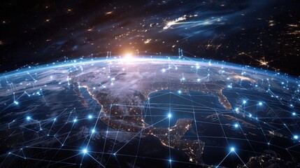 Telecommunication technology network around Earth for internet, 5G cellular data connection, blockchain, IoT, world finance or smart cities. Global satellite communications, space